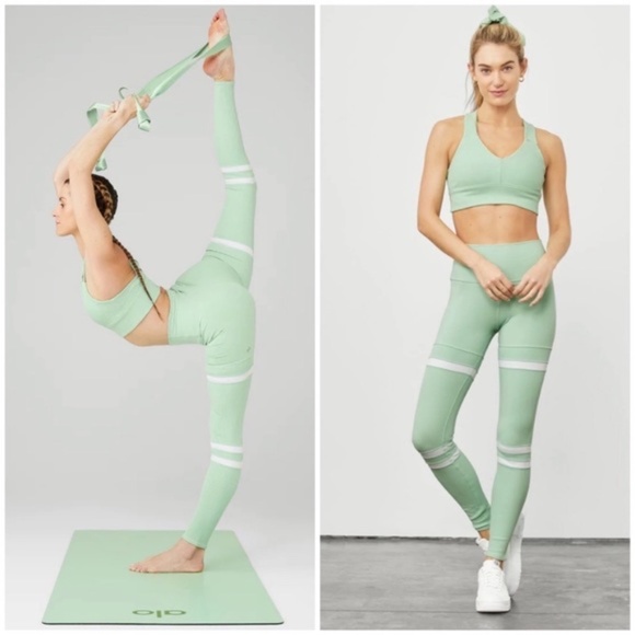Alo Yoga Ribbed Mint Leggings XXS • High Waist • White Stripe Detail - Picture 2 of 8